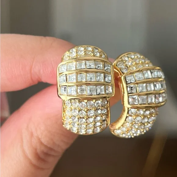 Vintage Christian Dior Rectangular Rhinestone Pavé Hoop 14k Gold Post Earrings - Picture 2 of 12